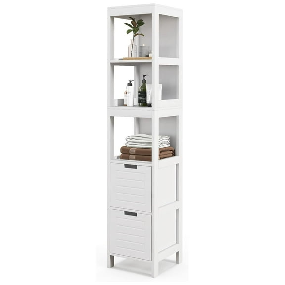 Tall Bathroom Storage Cabinet, Wooden Slim Bathroom Cabinet with Anti-toppling Device, Tall Narrow Storage Cabinet with 2 Removable Drawers, White