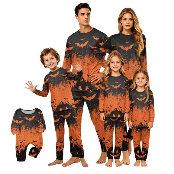 Halloween Family Pajamas Set Long Sleeve Crew Neck, Soft Matching Halloween Pajamas with Bat Pumpkin Print, Spooky Family Halloween Pajama Set Sleepwear