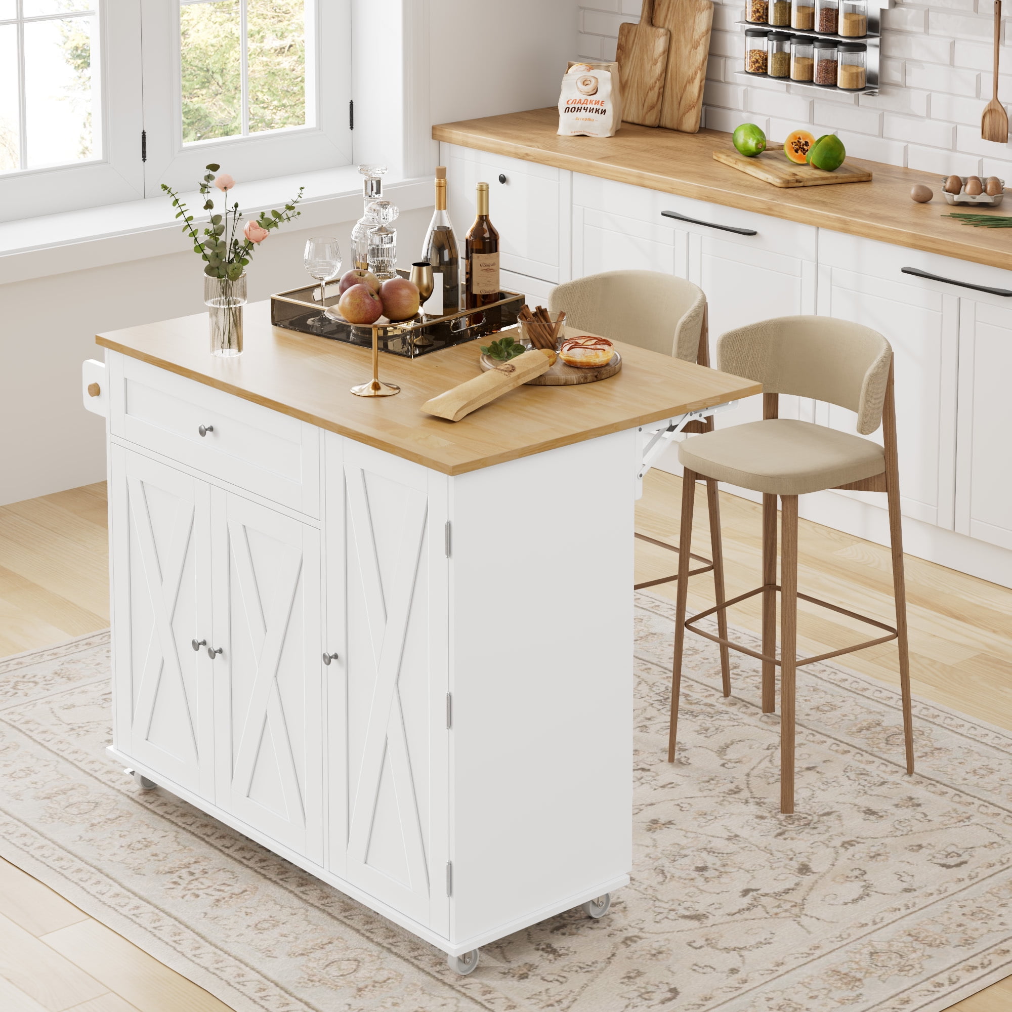 Homfa Kitchen Island with Storage, 27.6" W Wood Kitchen Island Cart with Drop Leaf, White Rolling Cart with Lockable Wheels