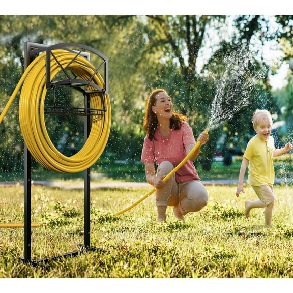 Fire Beauty Heavy-Duty Portable Garden Hose Holder with Storage Basket - 120lb Capacity Holds 180ft 1/2" Hose, Modern Geometric Design, Rustproof Stainless Steel & Dual Support Rods
