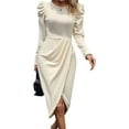 thumbnail image 2 of Vestido Midi de Fiesta para Mujer, Cuello Redondo, Color Liso, Abertura Lateral, Corte Ajustado, Larga Albaricoque XXL, 2 of 7