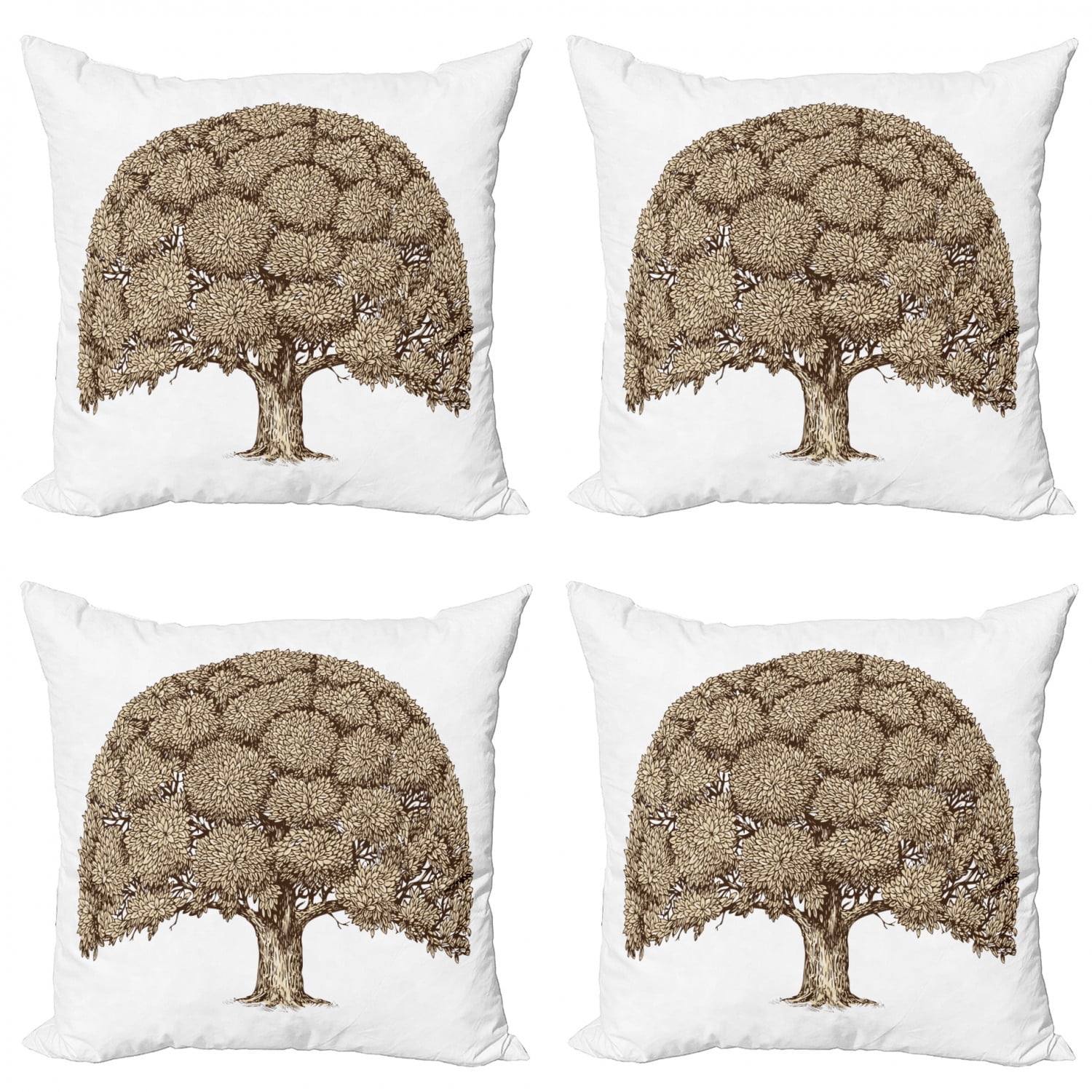 Tree Throw Pillow Cushion Case Pack of 4, Monochrome Oak Tree Design with Fresh Lush Foliage