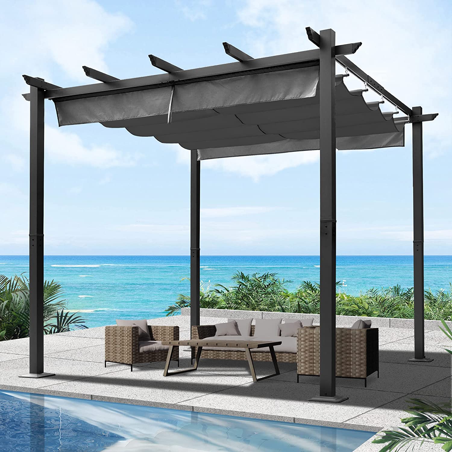 COVERONICS 10x10 FT Outdoor Retractable Aluminum Pergola, HeavyDuty