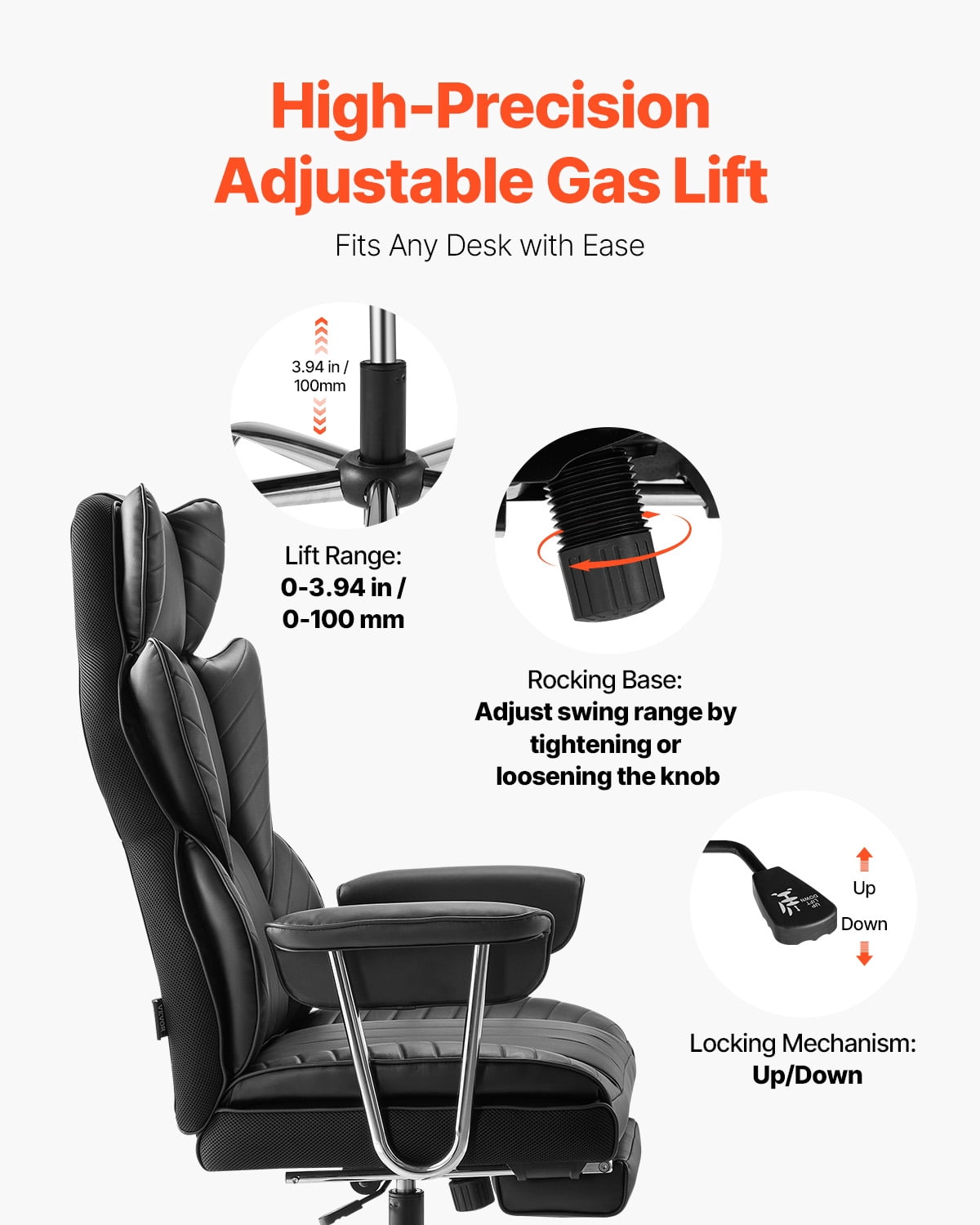 VEVOR Executive Office Chair with Footrest, 400lb Capacity Office Chair with Lumbar Pillow & Removable Armrests, Heavy Duty Ergonomic Chair, PU Leather Reclining Home Office Desk Chairs, Black