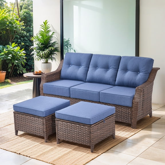 Gymojoy Brown 3-Piece Wicker Outdoor Couch Patio Sofa with Multifunctional Ottomans and 6 in. Olefin Blue Cushions