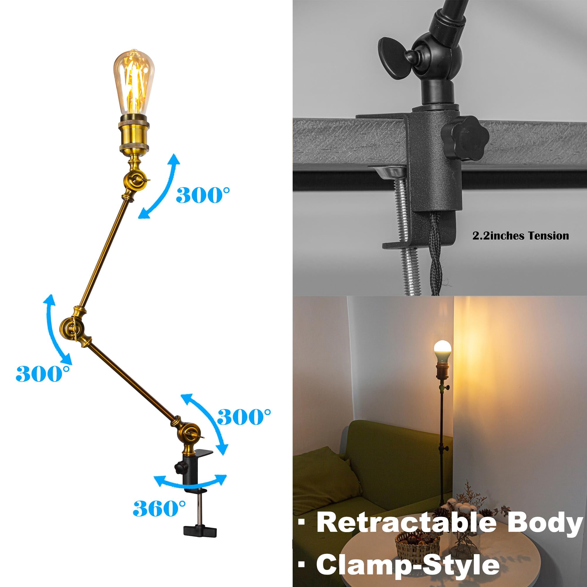 Kiven Industrial Clip-on Desk Lamp, 1-Light Iron Nightstand Lamp with Flexible Arm, 8.2FT Plug in Cord, Decorative Clamp Lamp for Office Home Bookshelf Bedside E26 Sokcet,Gold