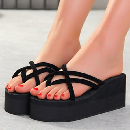 

Slippers For Women Ladies Bohemian Wedges Slippers Causal Beach Shoes Flip Flops Sandals Black 7.5