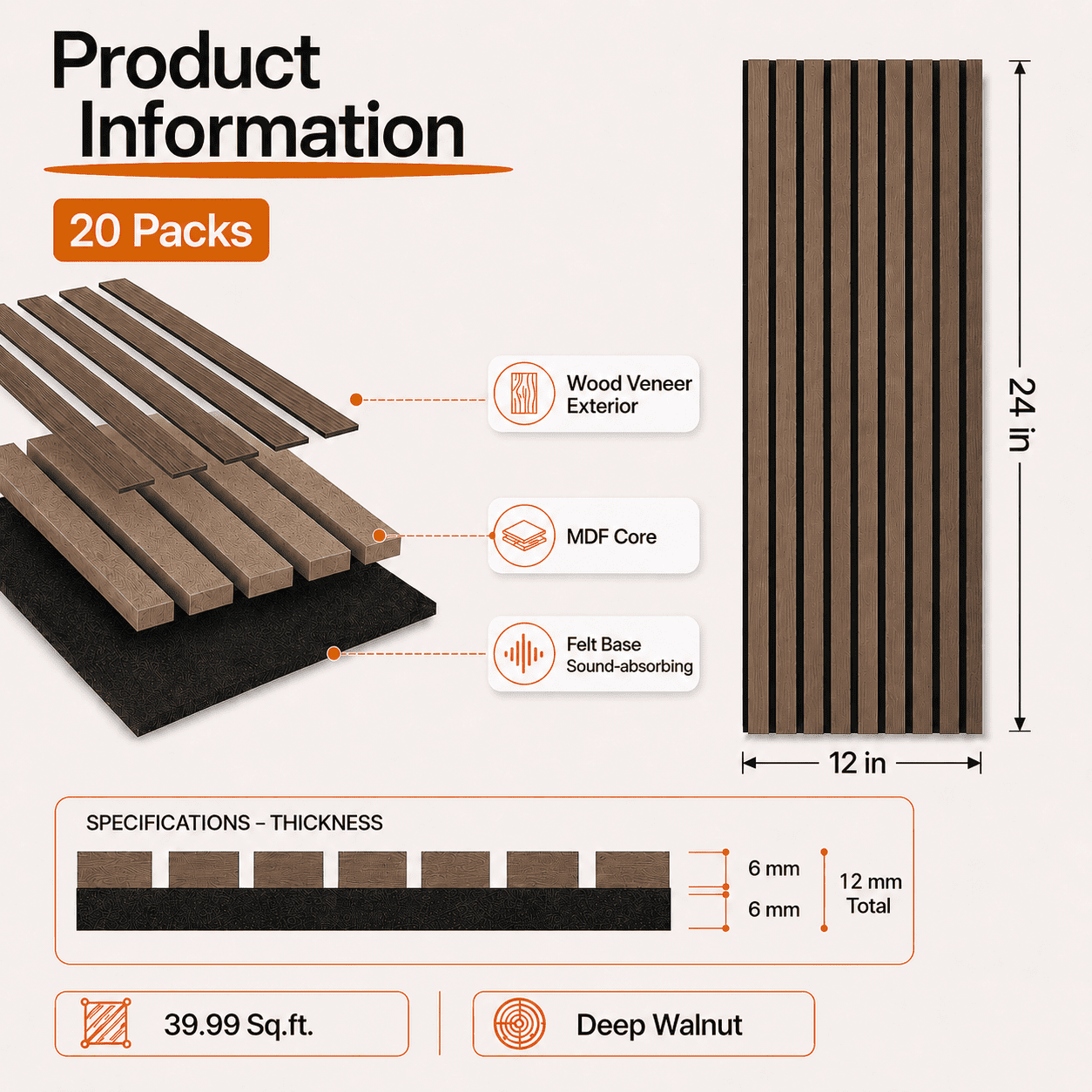 20-Pack Wood Slat Acoustic Wall Panels, 24" x 12" MDF Slat Wall Paneling for Modern Interior Wall Decor, Sound Absorbing Accent Panels, 39.99 Sq. Ft., Deep Walnut