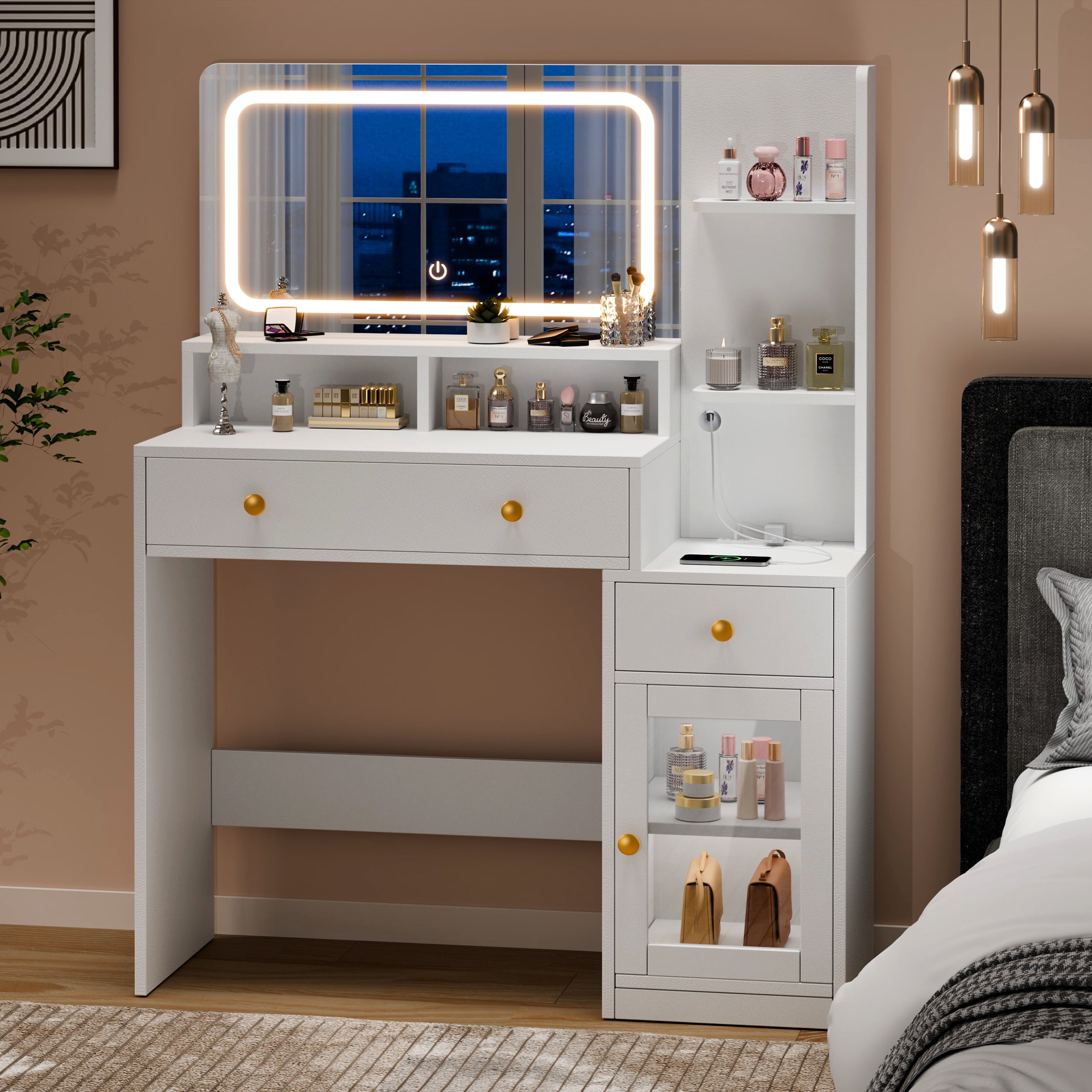 Satifur White Makeup Vanity with LED Mirror, 3 Color Lights, 2 AC + USB + Type-C, 3 Shelves, 2 Drawers & Acrylic Cabinet – Modern Vanity Desk for Bedroom