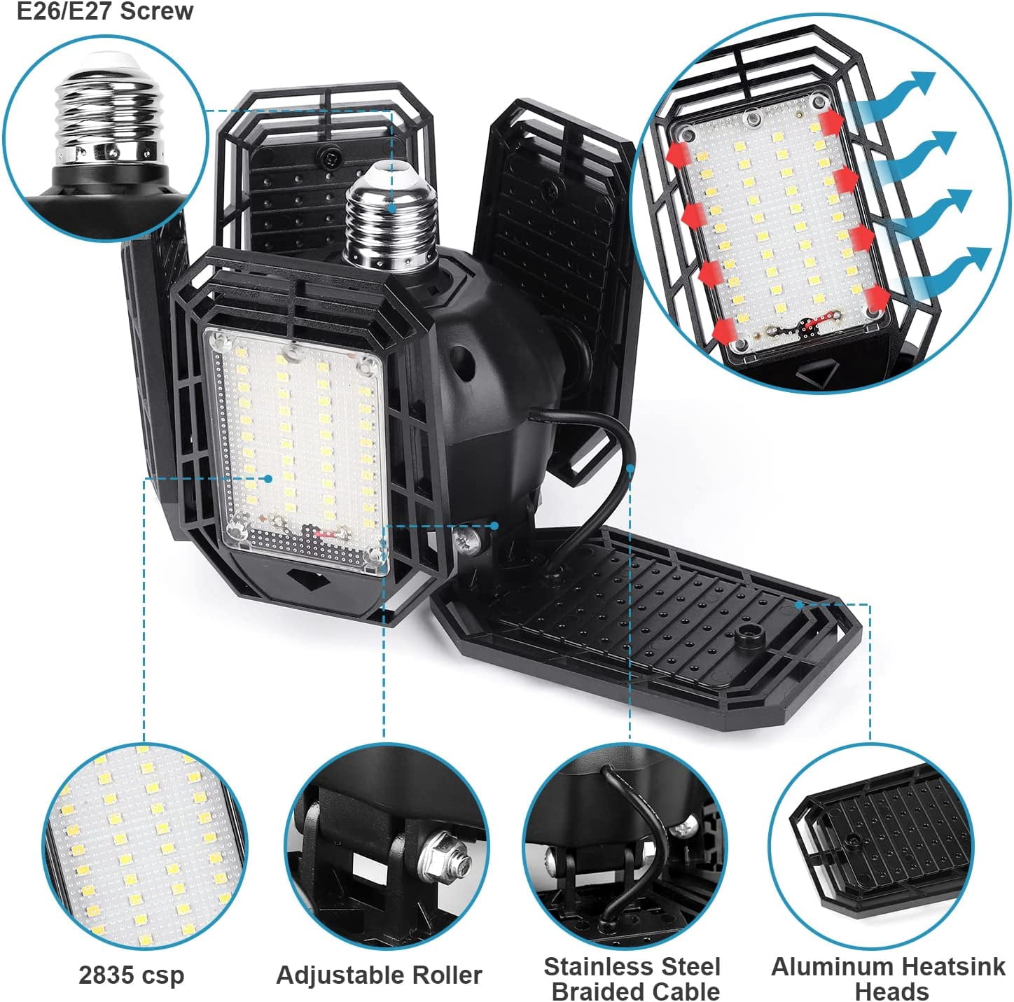 Deformable LED Garage Lights, 160W, 16000 Lumens, 5 Adjustable Panels, 2 Pack, Black
