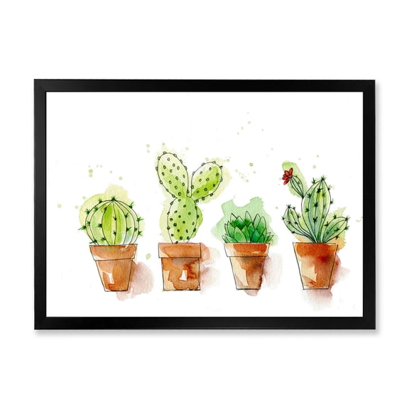 Designart 'Cacti In Gentle Tones In Ceramic Pots I' Traditional Framed Art Print