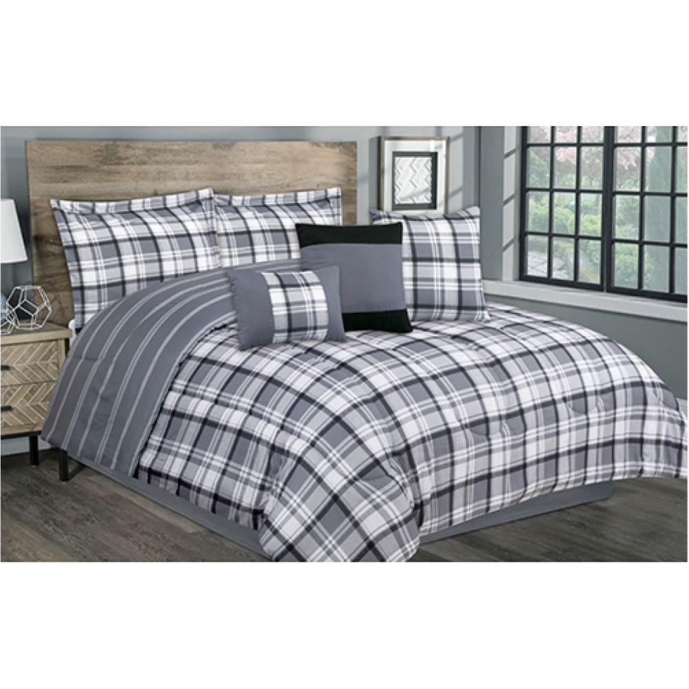 Country Farmhouse, Rustic Cabin, Black & Grey Plaid King 7 Piece