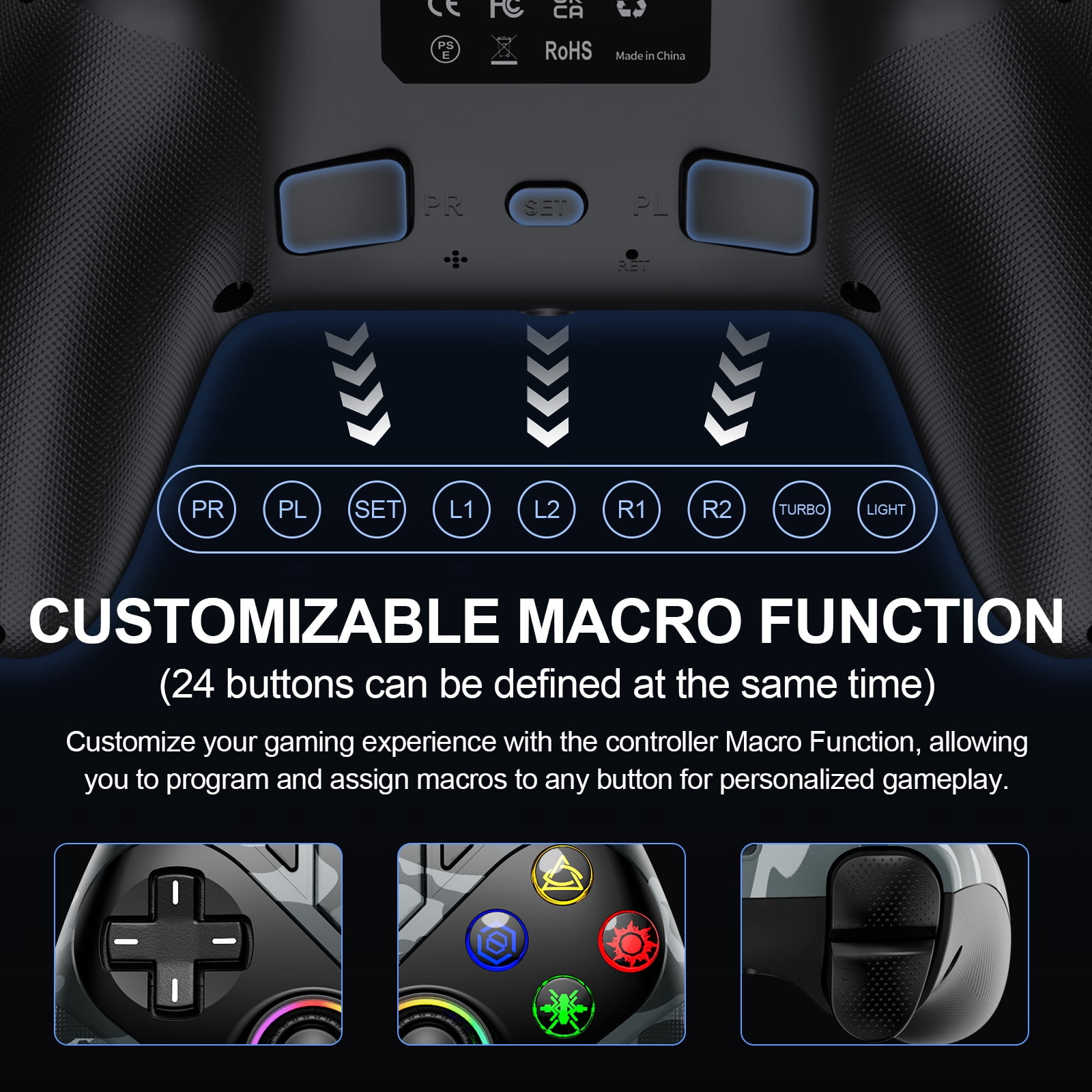 LED Wireless Controller for P5 PC, Bluetooth Controller with Turbo, Macro, Dynamic Vibration, 6-Axis Motion Control, 3.5mm Audio Jack, 1000mAh Battery, Speaker-White