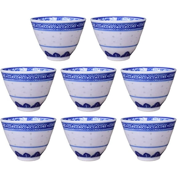 Chinese Handmade Kungfu Tea Cup 70 ml, Set of 8 Bone China Blue and White Tea Cups,Ceramic Tea Mugs Without Handles,Best Gift