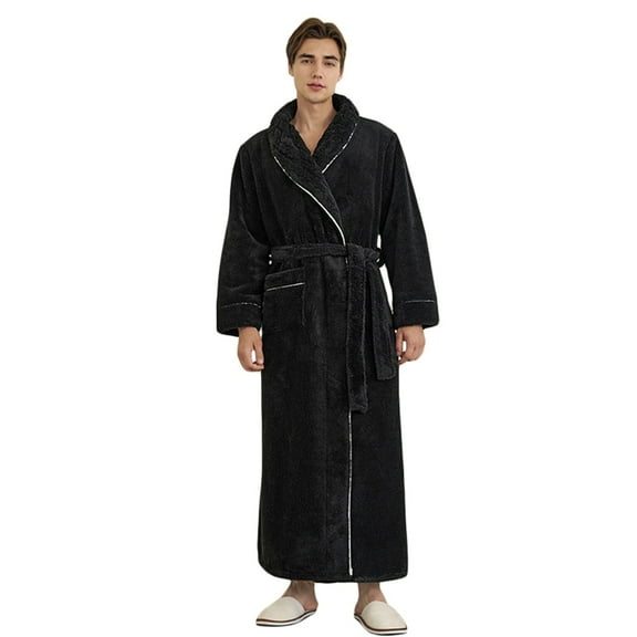 JTieacloth Big & Tall Nightshirt Fleece Bathrobe Winter Warm Cozy Shawl Collar Long Sleeve Robe Soft Loungewear Kimono Spa Robe For Home Black