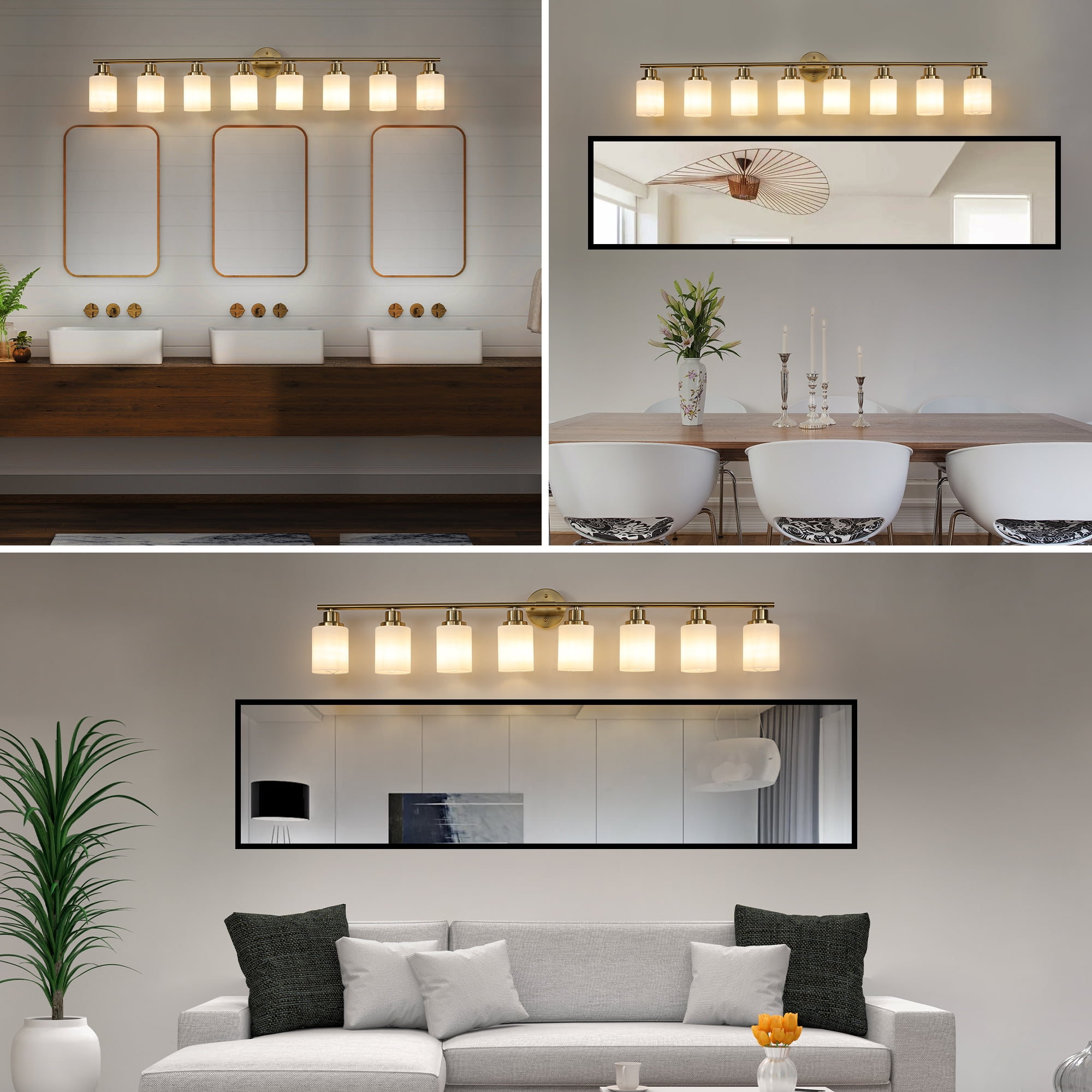 Jopath 52" Modern 8-Light Vanity Wall Sconce, Golden Finish with Frosted Glass Shades for Bathroom, Bedroom, Dressing Room or Hallway Lighting (No Bulbs)