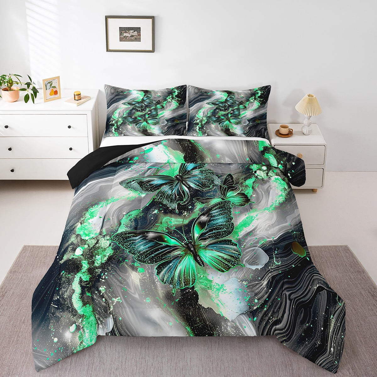 Black Marble Queen Comforter Set Teal Butterfly Bedding Set,Green Marbling Down Comforter Abstract Ombre Ink Fluid Art Duvet Insert Aesthetic
