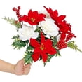 thumbnail image 3 of Tutuviw 24 Pcs Fake Poinsettia Flowers Artificial Flowers Bouquet Mixed Red Holly Berries Roses 17in Faux Poinsettia Bush with Stem Christmas Floral Arrangement Holiday Decor Bouquet (No Vase), 3 of 7