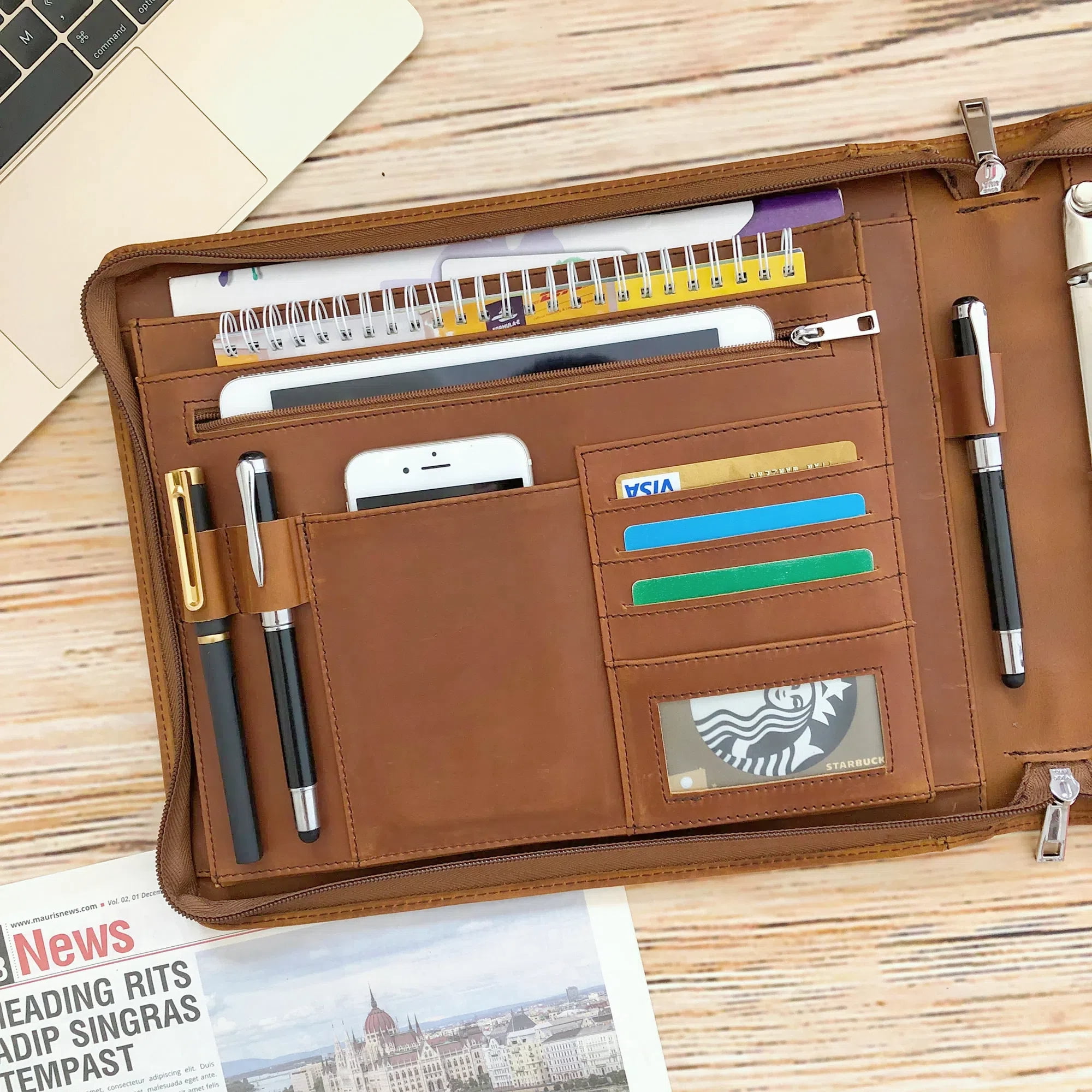 Business 3 Ring Check Binder, Genuine Leather Check Book Portfolio for 3 Holes or 9 Holes Checks, Check Book Binder for 11 1/4"x9", Crazy Horse Leather (Brown)