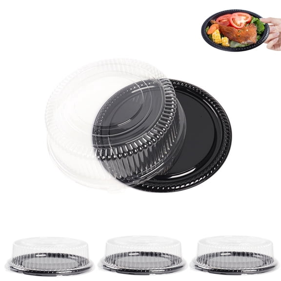 4pcs Plastic Serving Trays Clear Cake Container Holders Dessert Sandwich Trays 12in Black Plastic Party Platters for Indoor and Outdoor