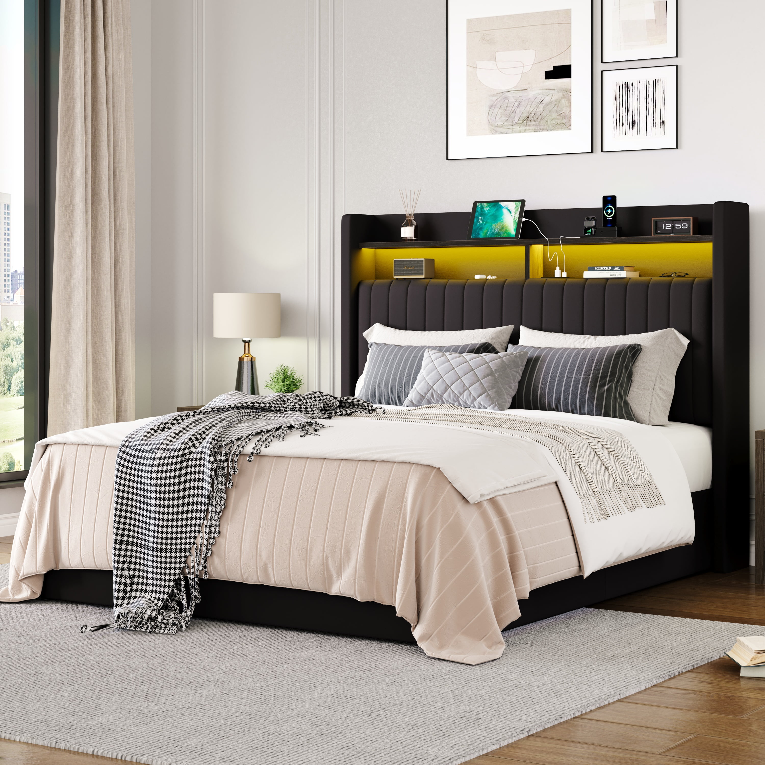 Amolife Full Hydraulic Lift-Up Storage Bed Frame, LED Headboard with Fast Charging (USB/Type-C), 2-Tier Shelves & Velvet Upholstered, Black