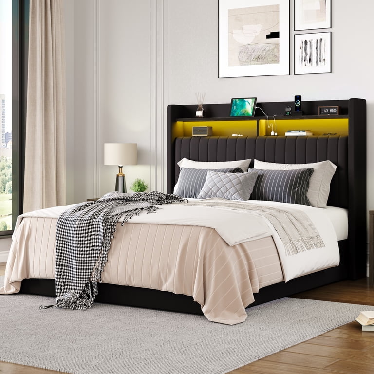 Amolife Queen Storage Bed with LED Headboard, Black photo 3