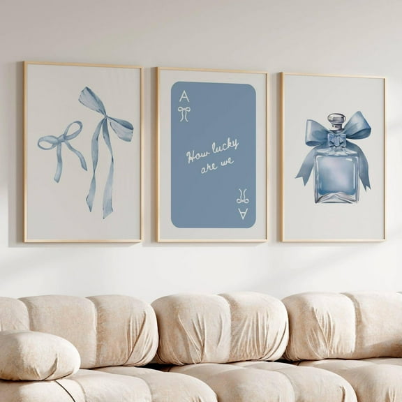 Luvia Trendy Blue Bows Coquette Set Of 3 Blue Prints College Apartment Decor Blue Dorm Posters Girly Print, Modern Wall Decor Set 3 Prints 8x12 UNFRAMED