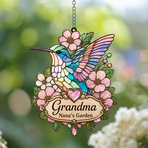 Grandma Suncatcher Acrylic Hummingbird Floral Gift for Nana Garden Lovers