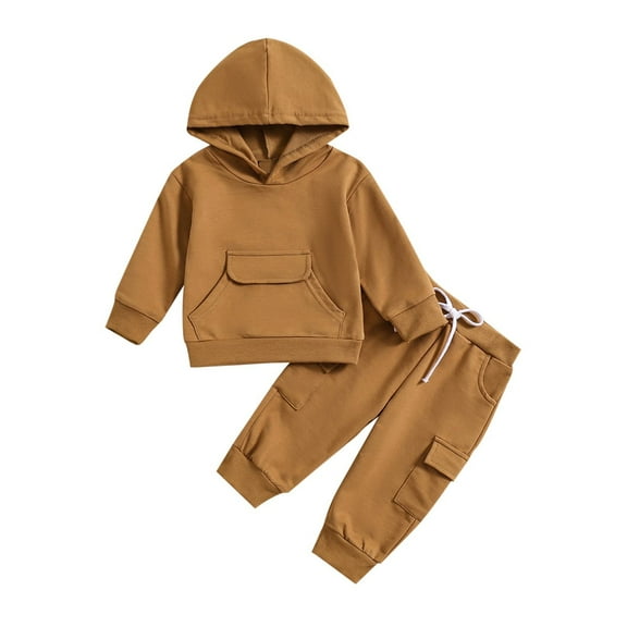 Hduncf Toddler Girl Boy Casual Solid Cotton Hooed Sweatshirts and Sweatpants Sets Multi-pocket Kids Baby Two-piece Sweatsuits Brown 5 Years