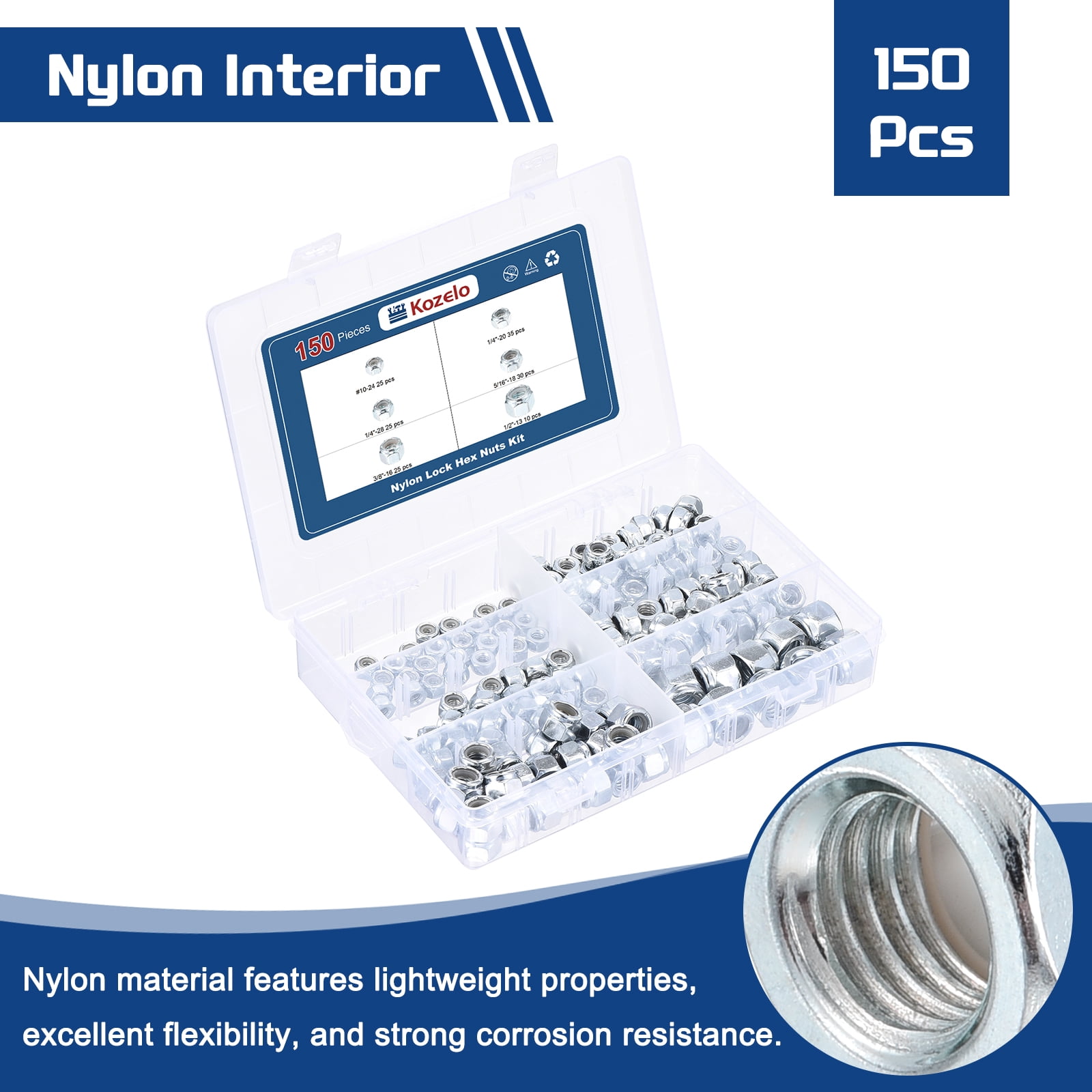 150Pcs Nylon Lock Nuts Kit [#10,1/4"-20,1/4"-28,5/16",3/8",1/2"] Carbon steel Hardware Nuts, bluish white, for Automotive, Aerospace, Industrial Applications  Use