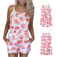 thumbnail image 1 of SMihono Shorts d'Été pour Femmes Combinaison à Bretelles à Imprimé de Fleurs Rouges à Fond Blanc pour Femmes, Combinaison Sans Manches, Shorts Décontractés et de Gym pour Femmes, 1 of 9