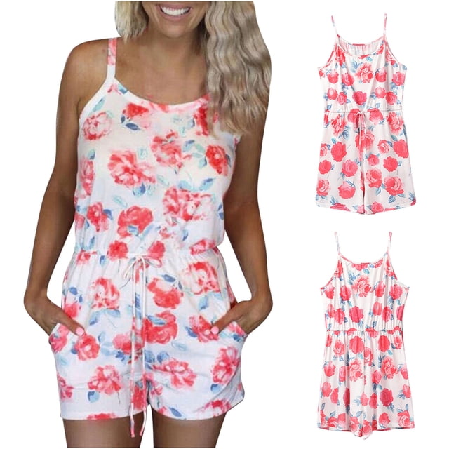 SMihono Shorts d'Été pour Femmes Combinaison à Bretelles à Imprimé de Fleurs Rouges à Fond Blanc pour Femmes, Combinaison Sans Manches, Shorts Décontractés et de Gym pour Femmes