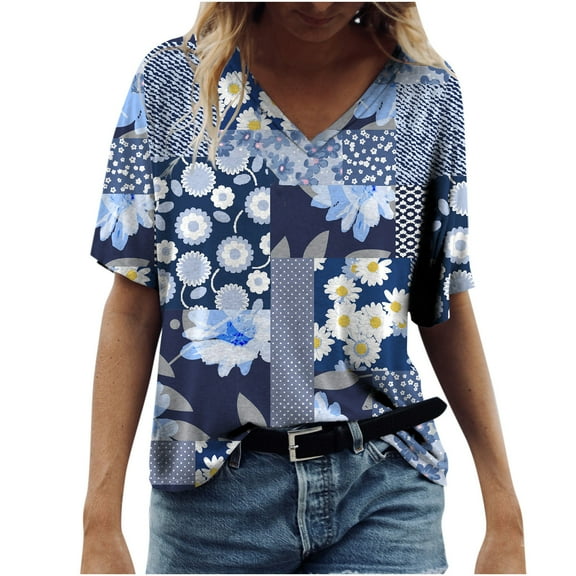 Patlollav Womens Plus Size Casual T-Shirt Floral Print V-Neck Short Sleeve Pullover Blouse Tops
