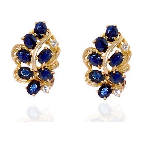 Blue Sapphire Diamond Clip On Earrings 14k Yellow Gold Designer Jewelry