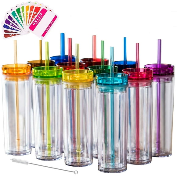 STRATA CUPS Gobelet Transparent 24 Couleurs avec Couvercles et Pailles Gobelets en Acrylique Transparent Double Paroi 16oz en Vrac avec Nettoyeur de Paille Gratuit et Étiquettes de Nom! Gobelet Réutilisable avec Paille Transparente
