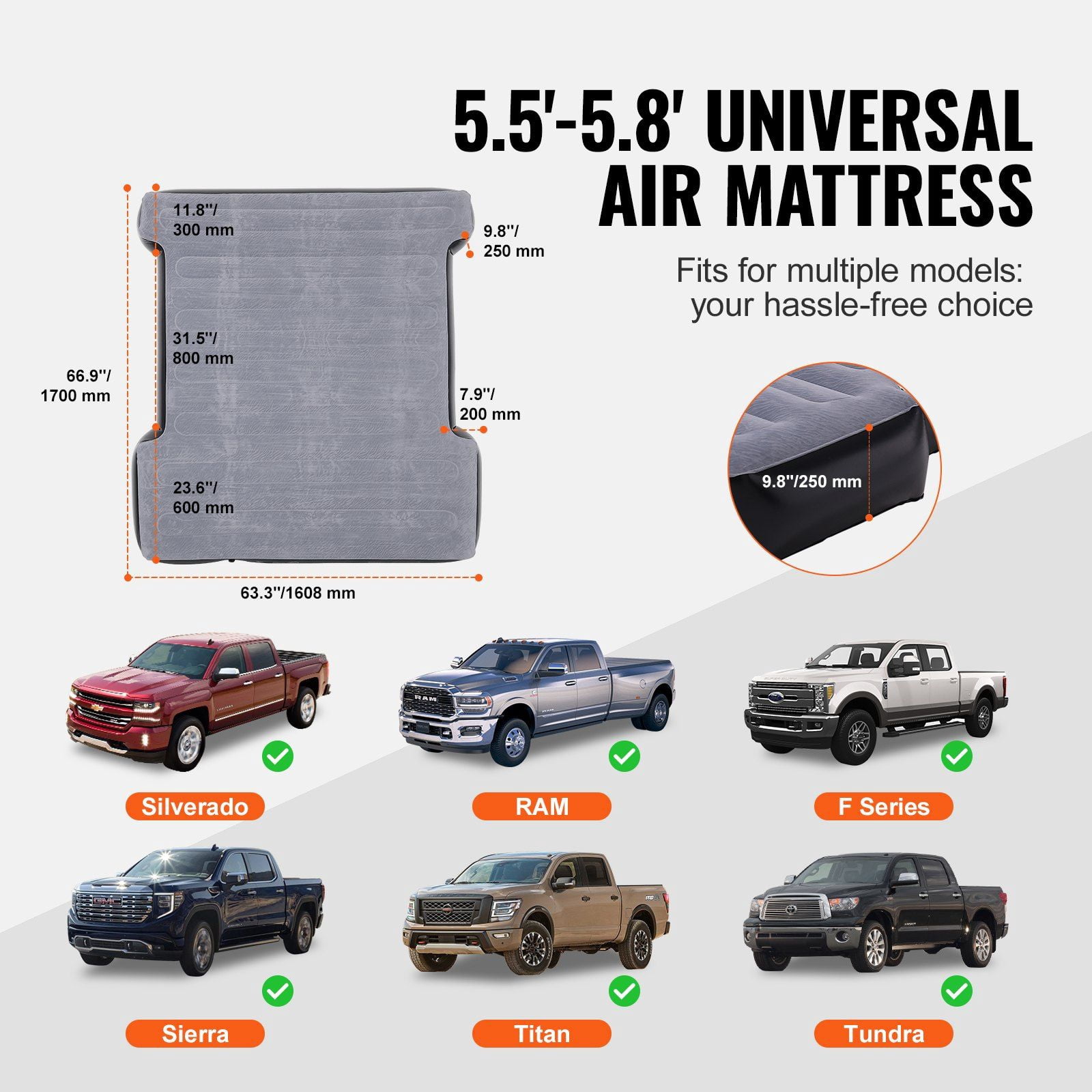 Truck Bed Air Mattress for 5.5-5.8 ft Short Beds, Full Size Inflatable Camping Mattress w/12V Pump, 2 Pillows & Bag, Fits RAM, F-150, Silverado, Tundra, Sierra, Titan – Portable Sleep Solution