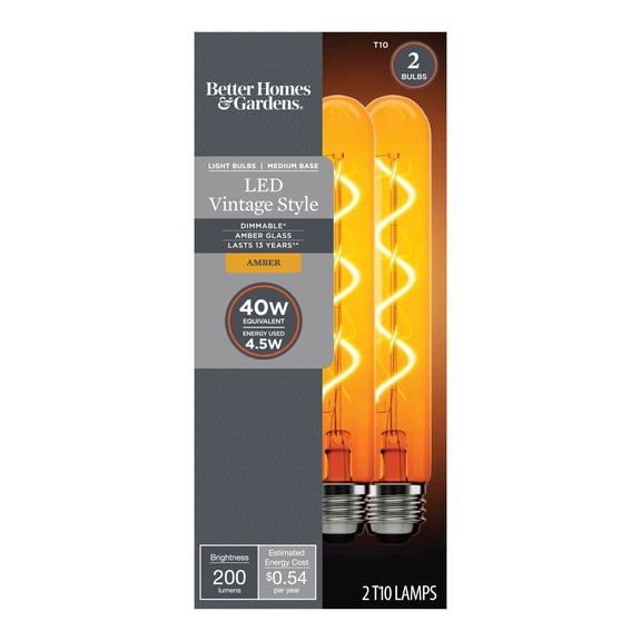 Better Homes & Gardens LED Vintage Light Bulb, T10 40 Watts, Amber Spiral Filament, E26, Dimmable, 2PK