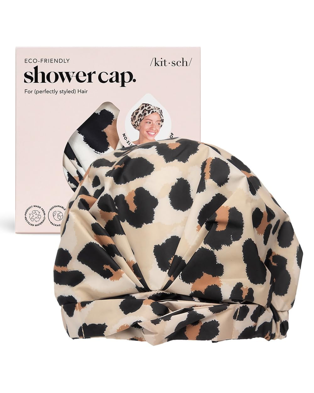 Kitsch Luxury Waterproof, Reusable Plastic Shower Cap, One Size, Leopard