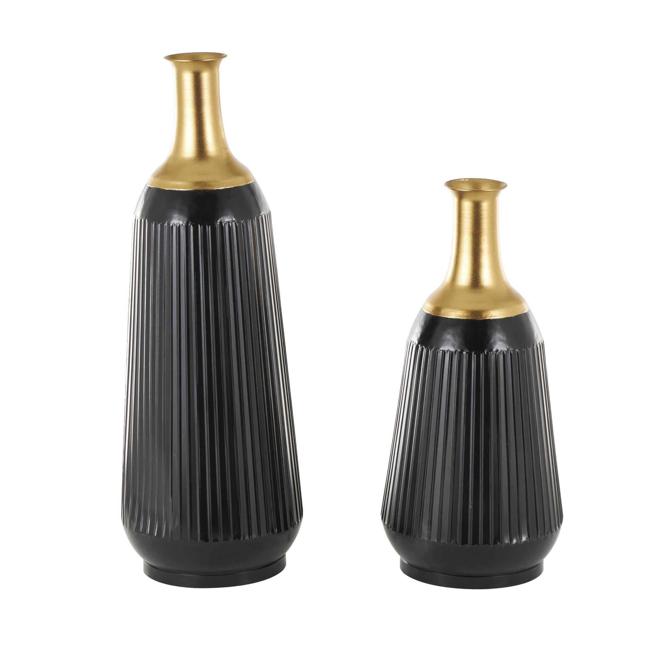 DecMode 30", 23"H Tall Ribbed Black Metal Vase with Gold Tops, Set of 2