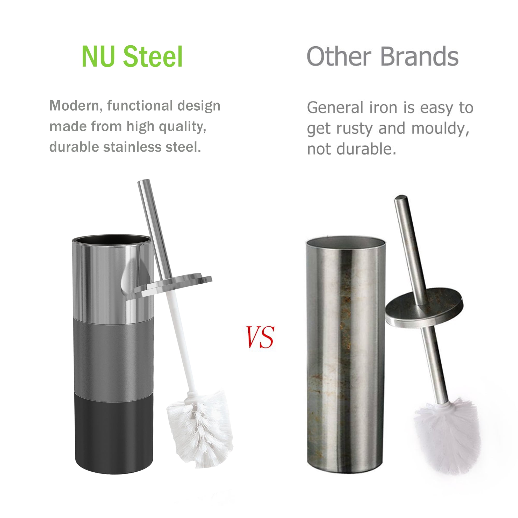 Slim Compact Stainless Steel Toilet Brush Holder For Bathroom Storage - Sturdy, Deep Cleaning, Metal With 3-Tone Platinum Finish