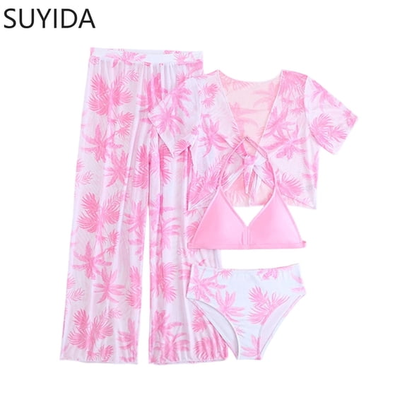 Girls Swimsuit Rash Guard Princess Bikini Set Adjustable Straps Tankini Sets 3pcs Tropical Floral Girls Bathing Suit cover Up