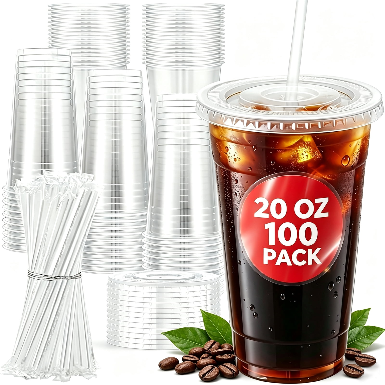 BYSNOW 20 oz Clear Plastic Cups with Lids and Straws, 100 Pack Disposable Iced Coffee Cups, To-Go Cold Drinks Cups