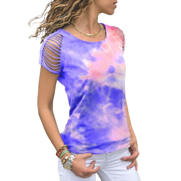 NEW Spring Autumn Women Casual Blouses O-neck Short Sleeve Gradient Color Tie-dye Printing T-shirt Blouses Plus Size