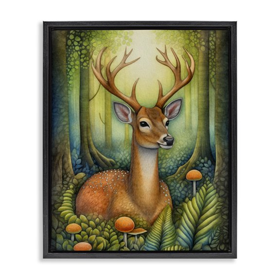 Stupell Industries Rustic Lodge Deer with Nature Mushrooms Black Floating Frame Canvas Art, 25 x 31, by The Dutch Lady