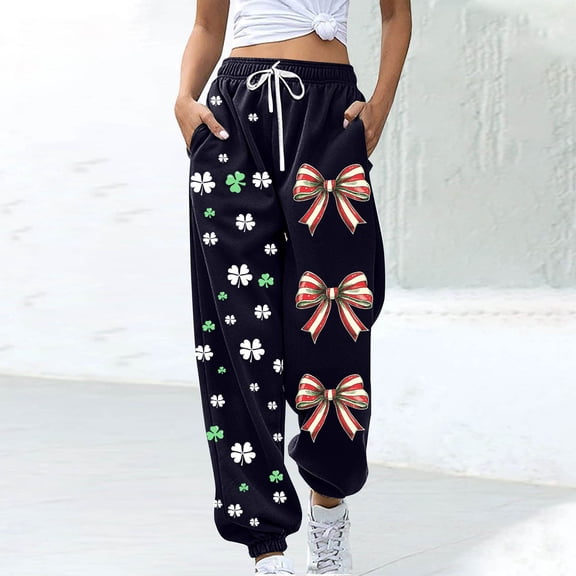 ClodeEU Women's St. Patrick's Day Print Jogger Pants with Elastic Waist, Drawstring ,Pockets A-Black,Womens Plus L