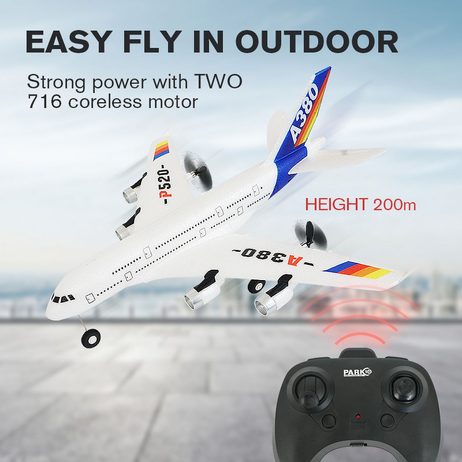 New A380 Airplane 2.4G 2Ch Fixed Wing Outdoor P520-A380 RC Plane Toys Two Batteries (Red)