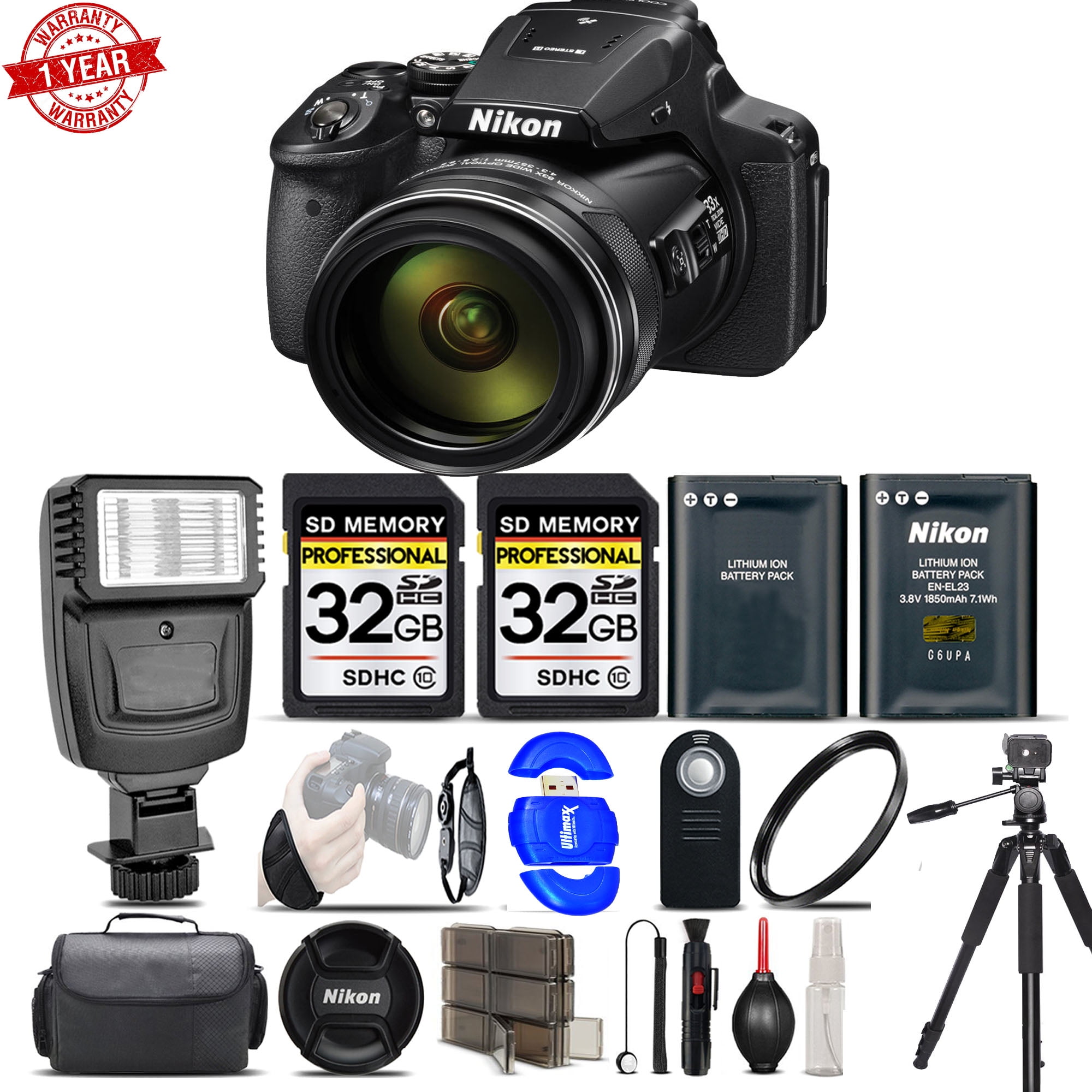 Nikon P900 Digital Camera 83x Optical Zoom WiFi W/ 32GB MC | Flash | Kit | Spare Battery &amp;amp; More Deluxe Bundle | Walmart Canada
