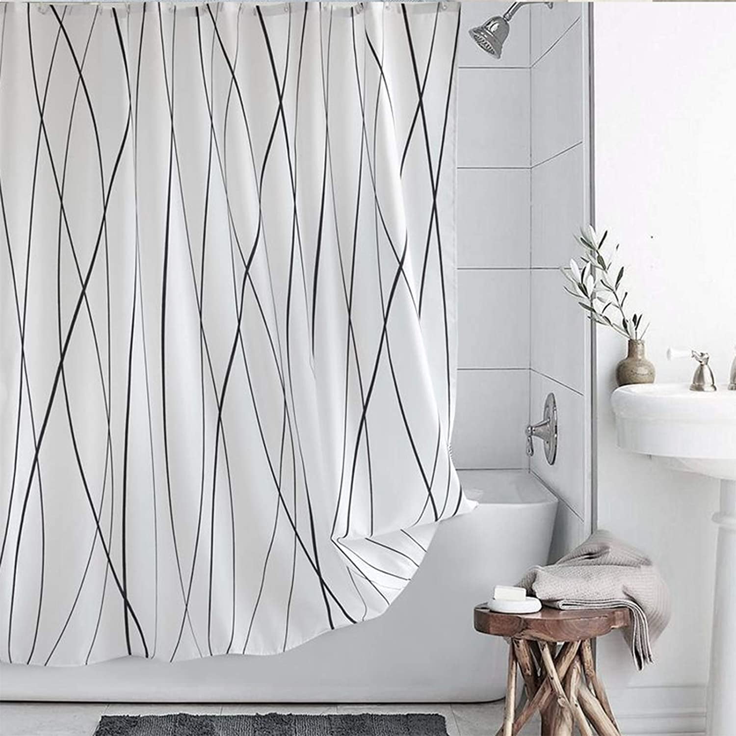 Black and White Strip Printing Shower Curtain Waterproof Bath Curtains 12 hooks 