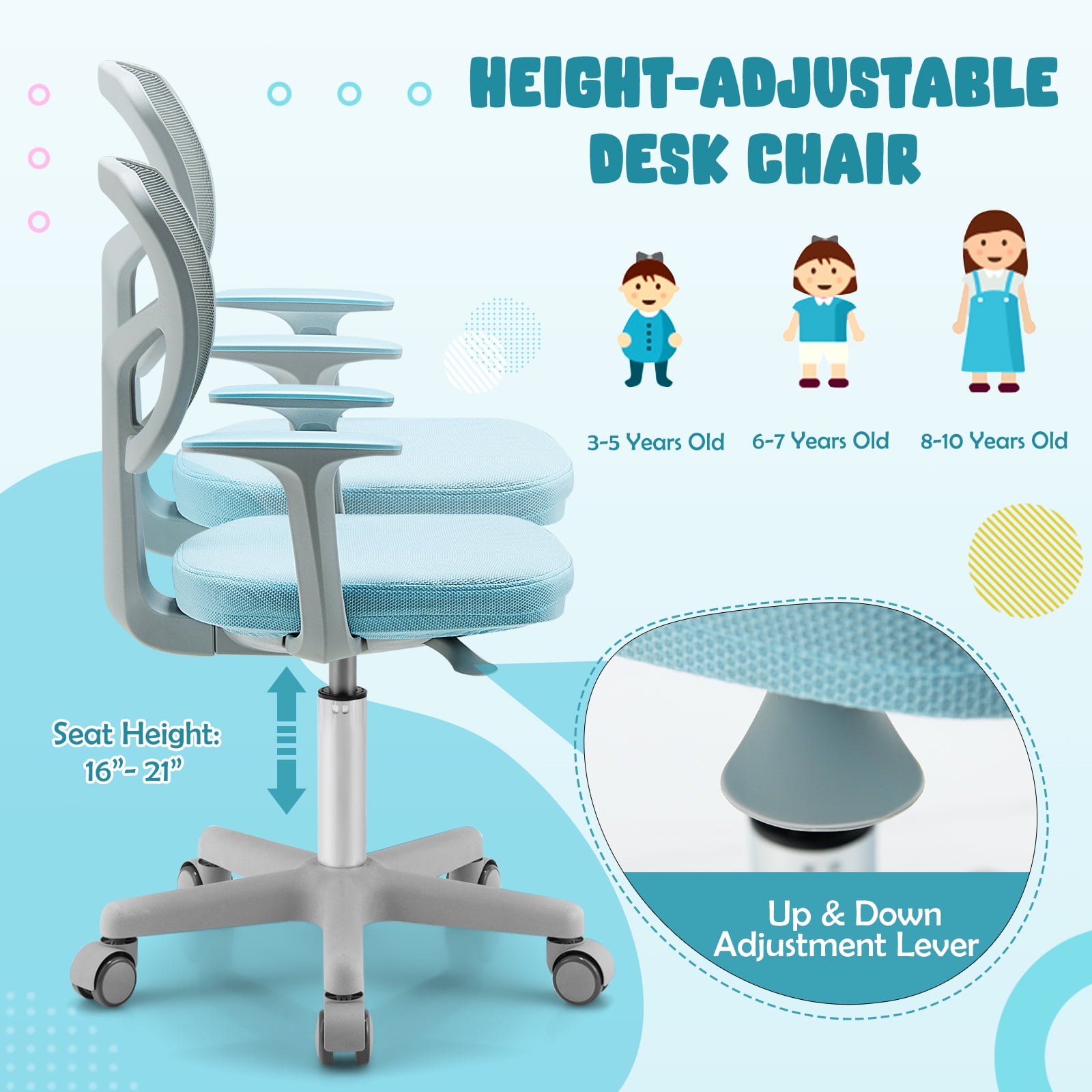 Gymax Kids Desk Chair Adjustable Height Children Study Chair w/ Auto Universal Casters Blue