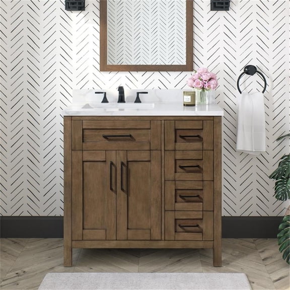Pemberly Row 36" Bathroom Vanity in Almond Latte with White Countertop